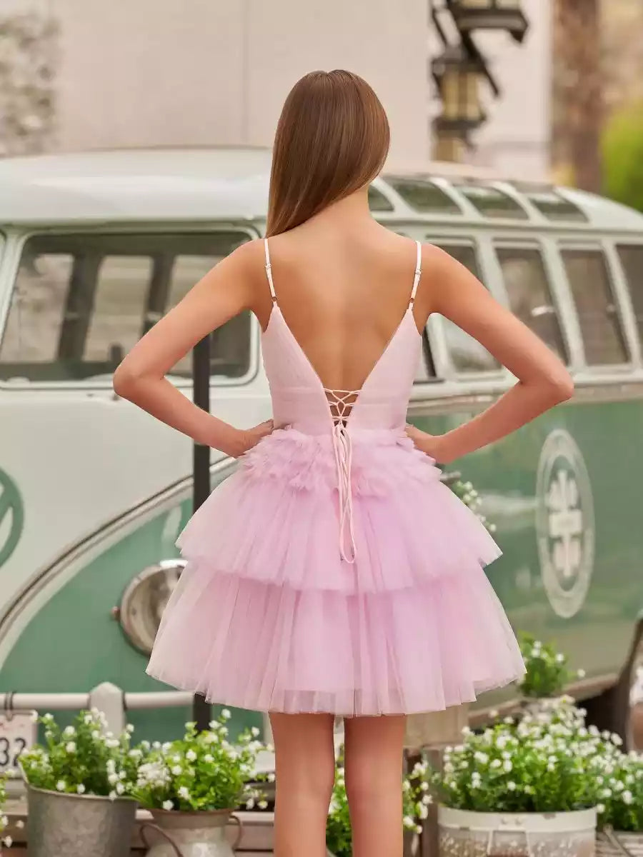 Eye catching A-line deep V-neck stacked short slim shoulder strap with sleeveless lace up back Homecoming Dresses