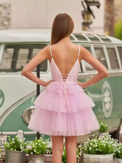 Eye catching A-line deep V-neck stacked short slim shoulder strap with sleeveless lace up back Homecoming Dresses