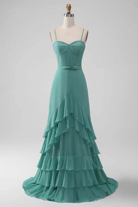 Eye catching A-line thin shoulder strap layered chiffon long bridesmaid dress