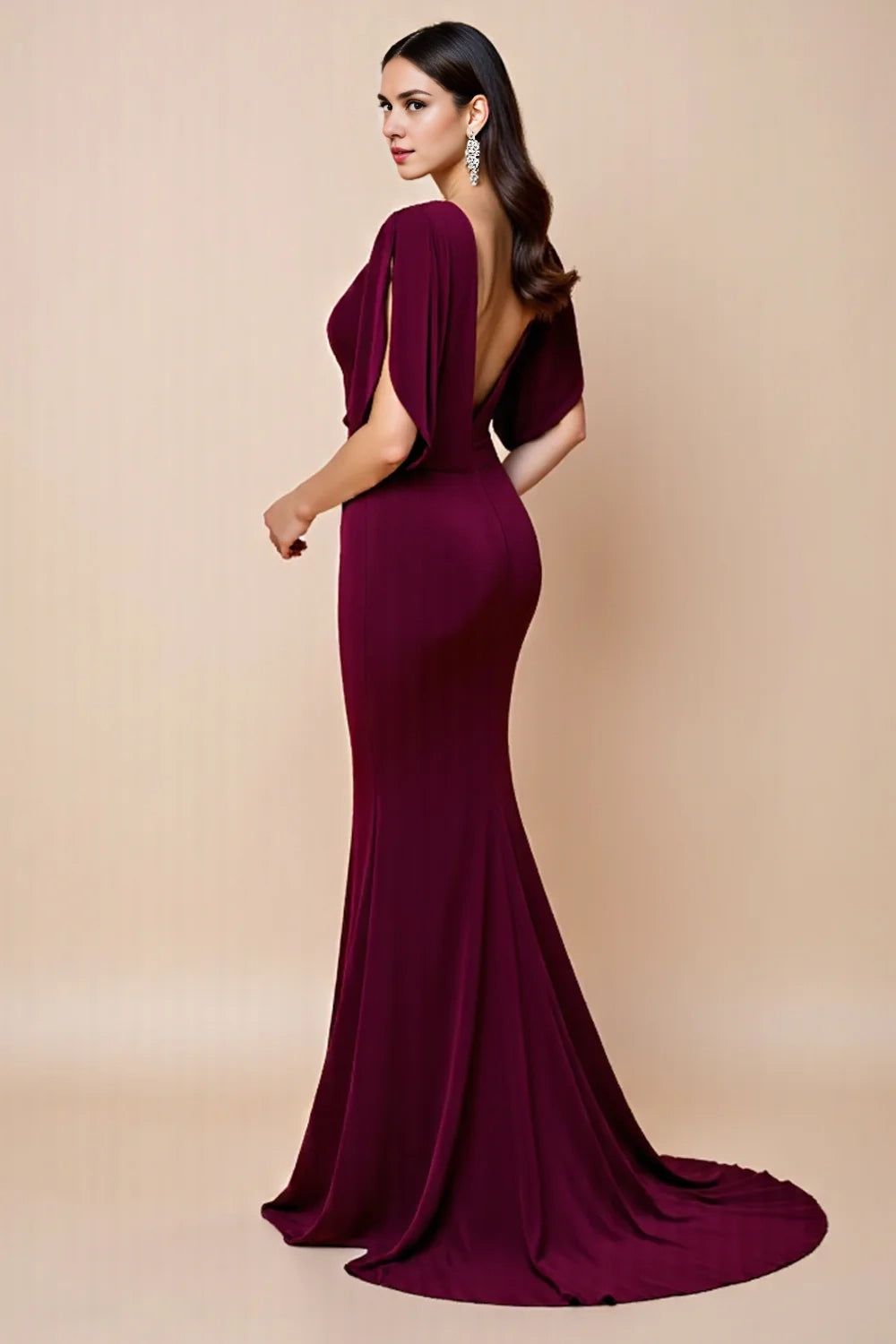 Eye catching pleated V-neck mermaid long slim fit pleated bridal mother dress