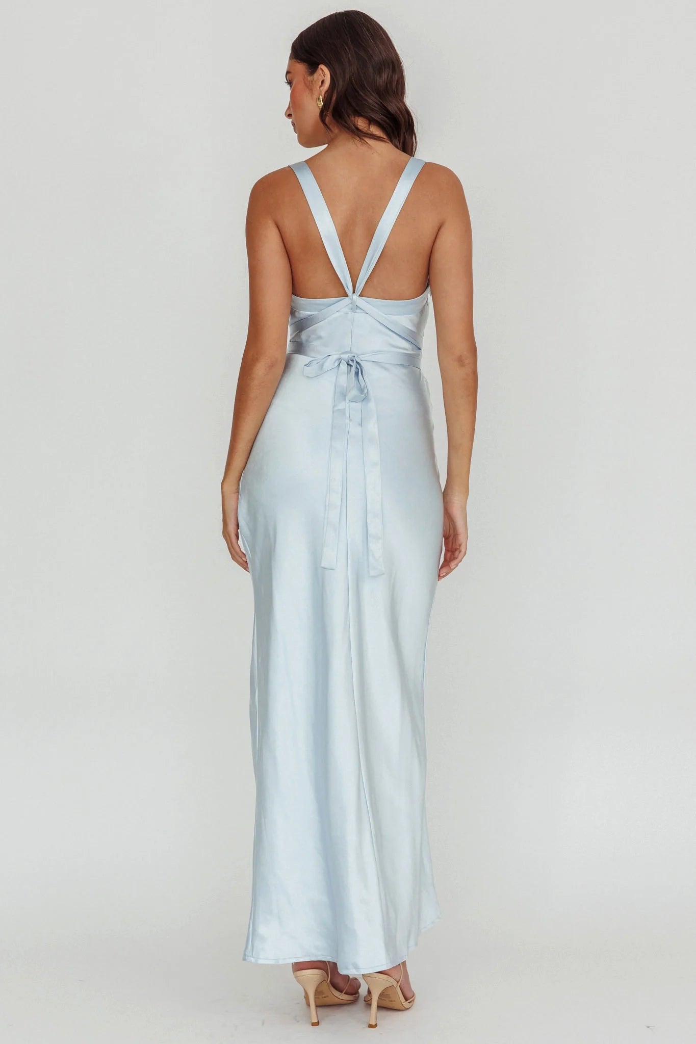 Eye catching satin asymmetrical neckline, extra long cross straps, bridesmaid dress