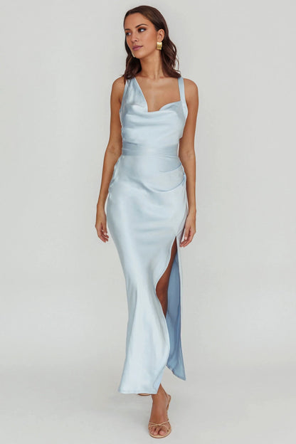 Eye catching satin asymmetrical neckline, extra long cross straps, bridesmaid dress