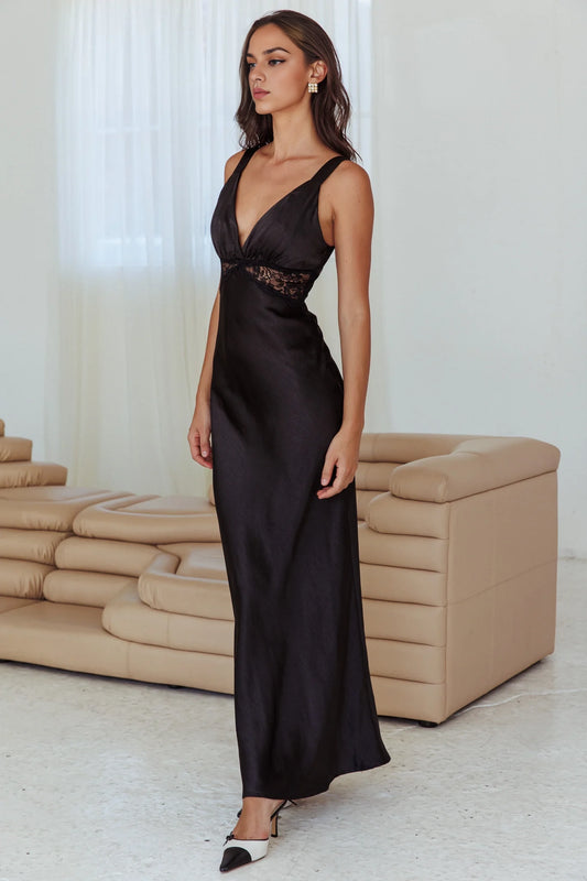 Eye catching satin long lace trim with adjustable shoulder straps bridesmaid dress