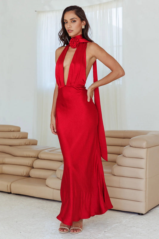 Eye catching satin rose decoration deep V-neckline backless neckline bridesmaid dress