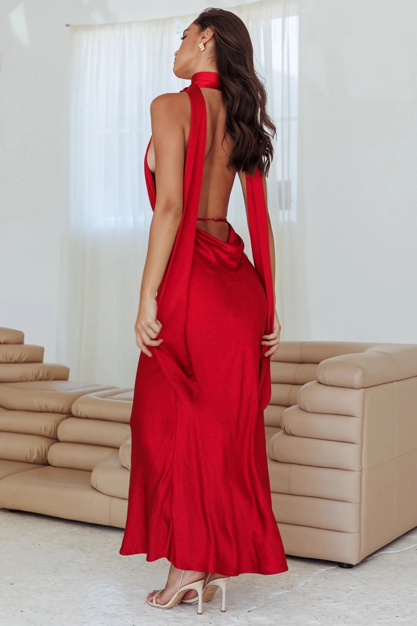 Eye catching satin rose decoration deep V-neckline backless neckline bridesmaid dress