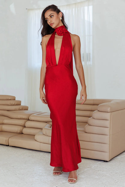 Eye catching satin rose decoration deep V-neckline backless neckline bridesmaid dress