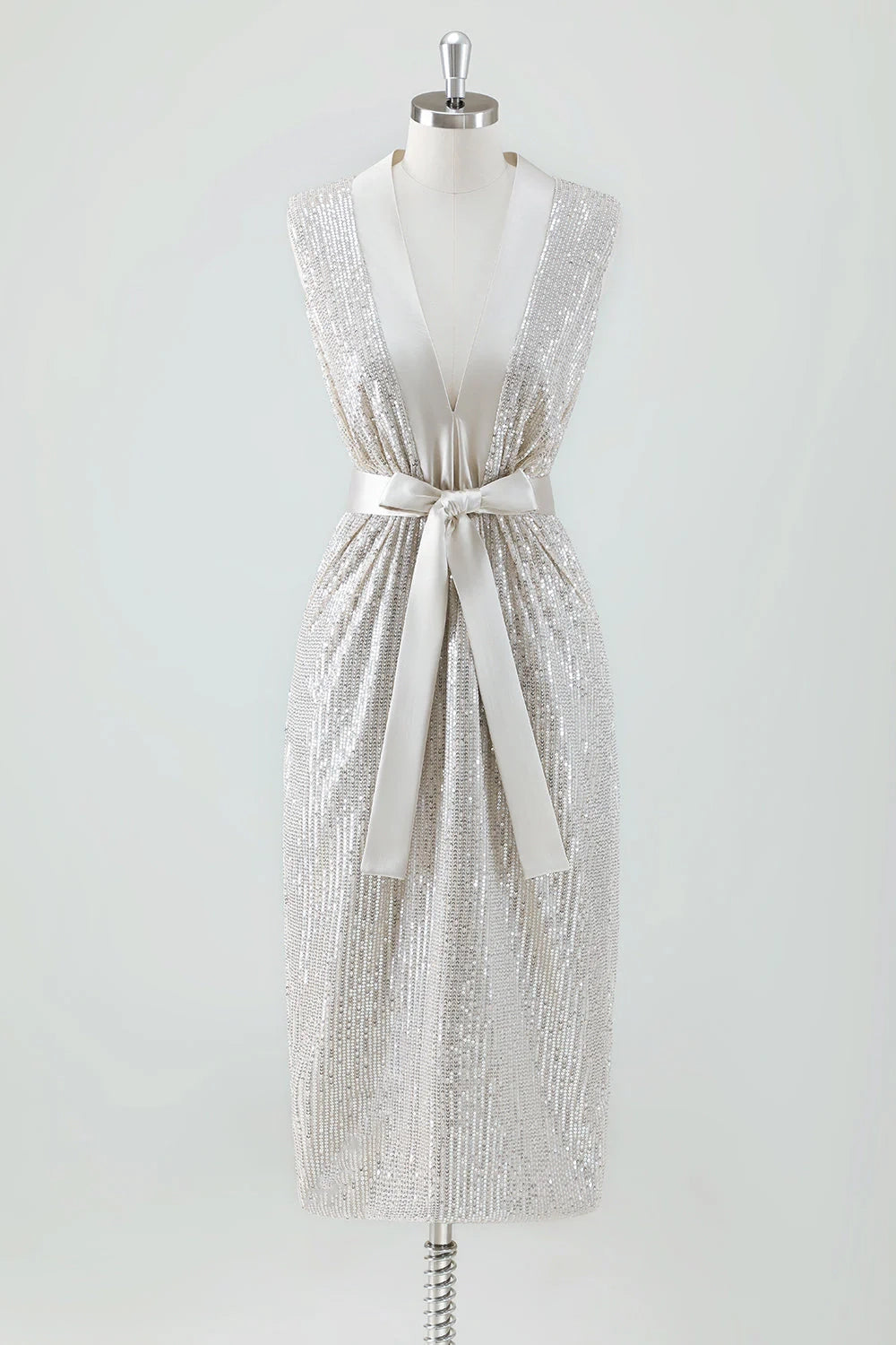 Eye catching shiny tight V-neck knee length sequin bow bridal mother dress