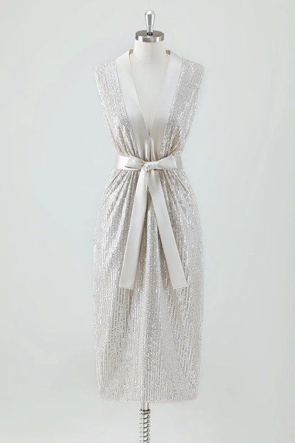 Eye catching shiny tight V-neck knee length sequin bow bridal mother dress