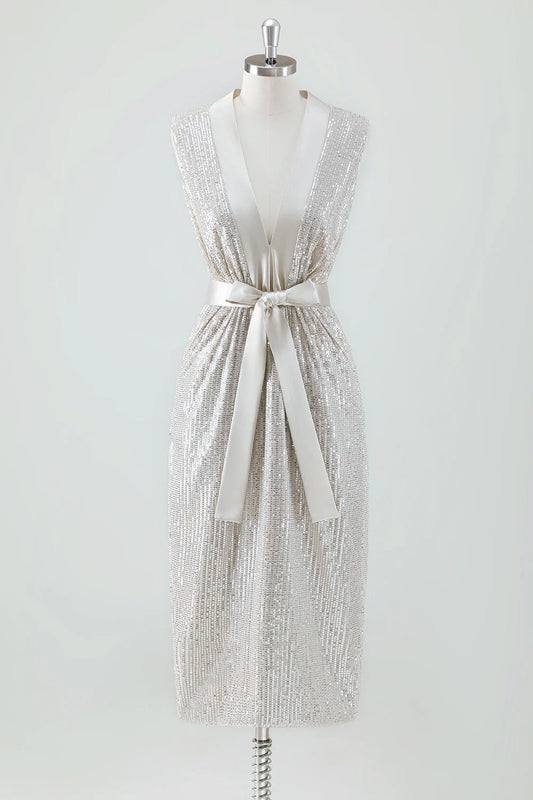 Eye catching shiny tight V-neck knee length sequin bow bridal mother dress