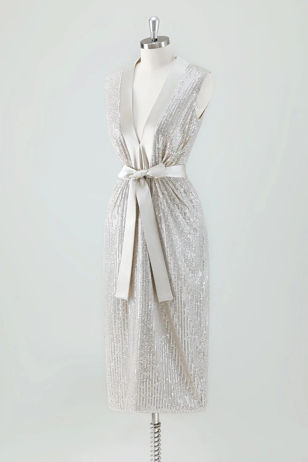 Eye catching shiny tight V-neck knee length sequin bow bridal mother dress