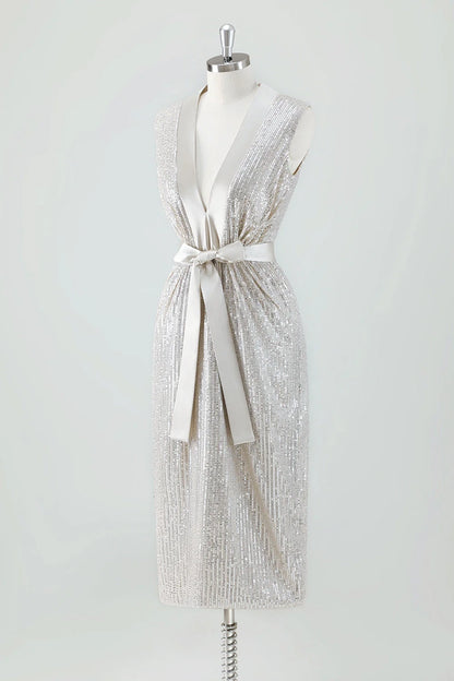 Eye catching shiny tight V-neck knee length sequin bow bridal mother dress