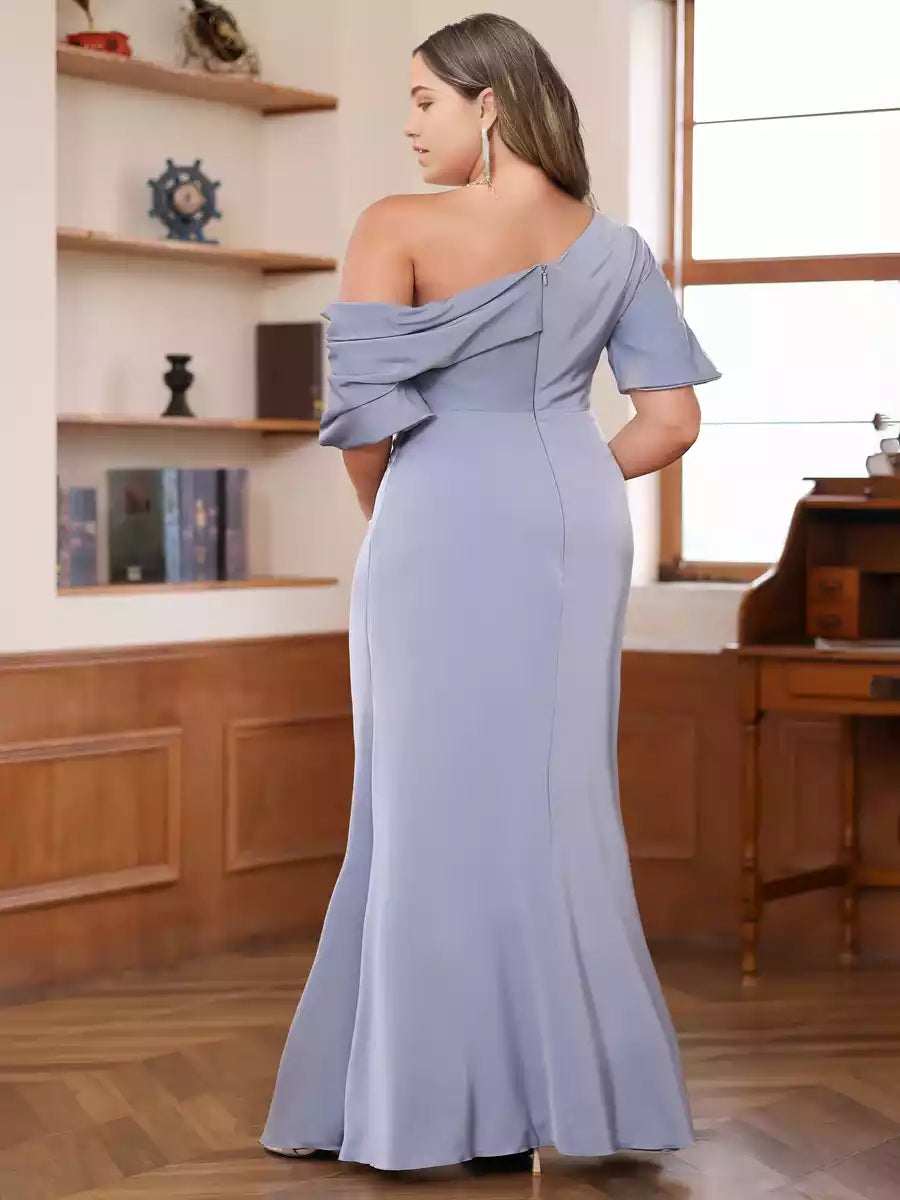 Eye catching single shoulder short sleeved pleated plus size slim fit/straight cut Mother of the Bride Dresses