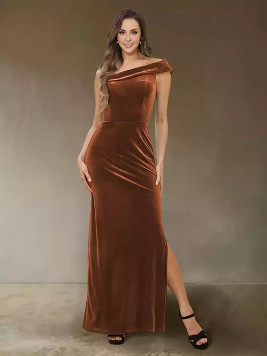 Eye catching single shoulder sleeveless velvet side slit velvet Mother of the Bride Dresses