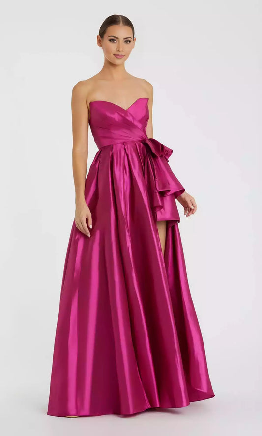 Eye catching strapless long taffeta sweetheart neckline with ruffled edges and side slits, A-line silhouette perfectly showcasing graceful figure Prom Dresses