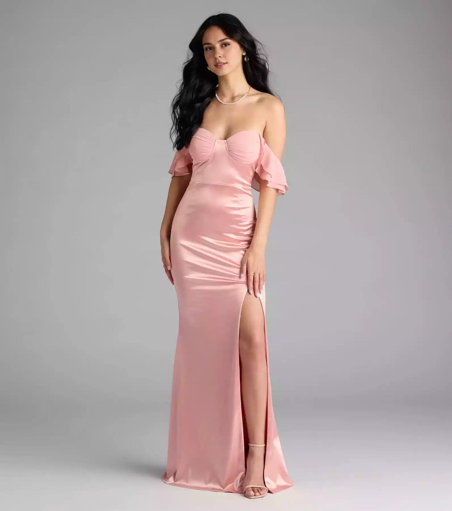 Eye catching stretch satin ruffle sleeves, heart-shaped neckline, back zipper, high slit mermaid and floor Prom Dresses