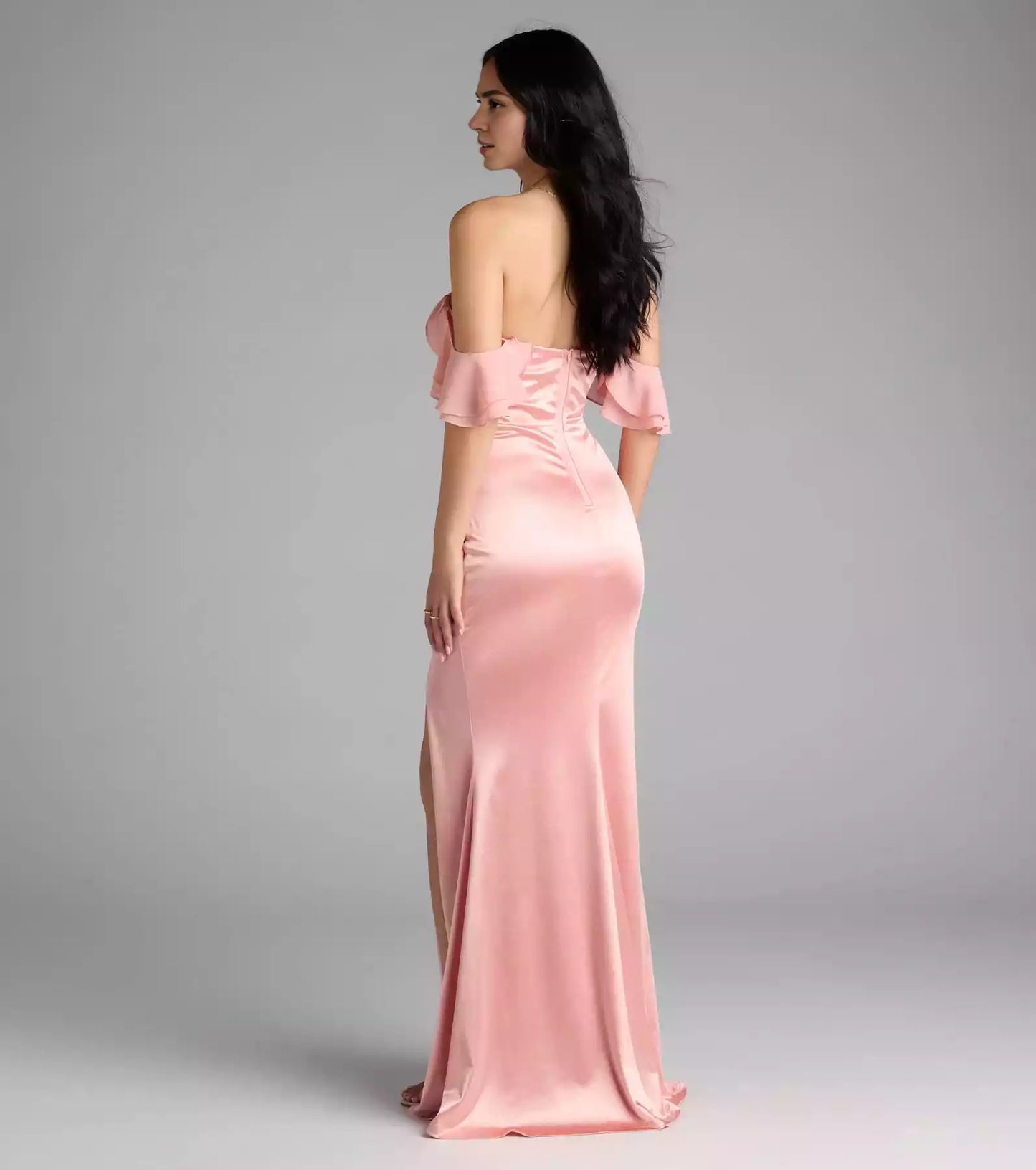 Eye catching stretch satin ruffle sleeves, heart-shaped neckline, back zipper, high slit mermaid and floor Prom Dresses