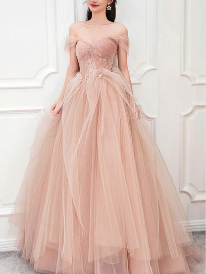 Pink tulle lace long prom dress pink tulle prom dress