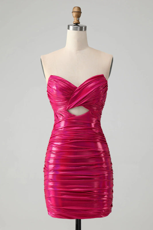 Strapless Keyhole Pleated Fuchsia Tight Metallic Homecoming Dress