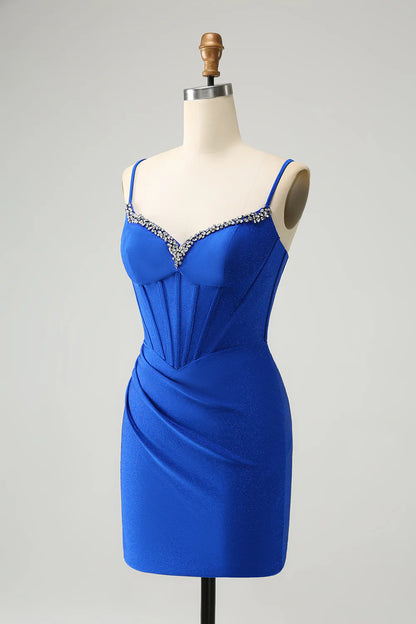 Royal Blue Glitter Corset Spaghetti straps Tight Homecoming Dress