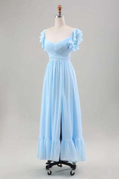 A Line Chiffon Pleated Tea-Length Dress with Ruffle Sleeves