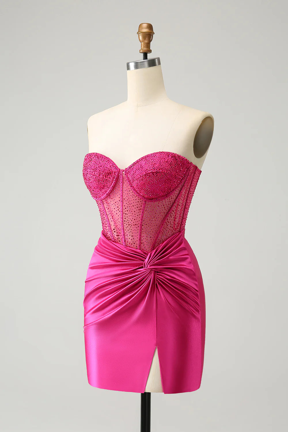 Hot Pink Strapless Pleated Corset Tight Homecoming Dress