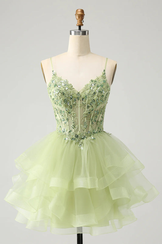 Light Green A Line Spaghetti Straps Corset Short Tiered Homecoming Dress