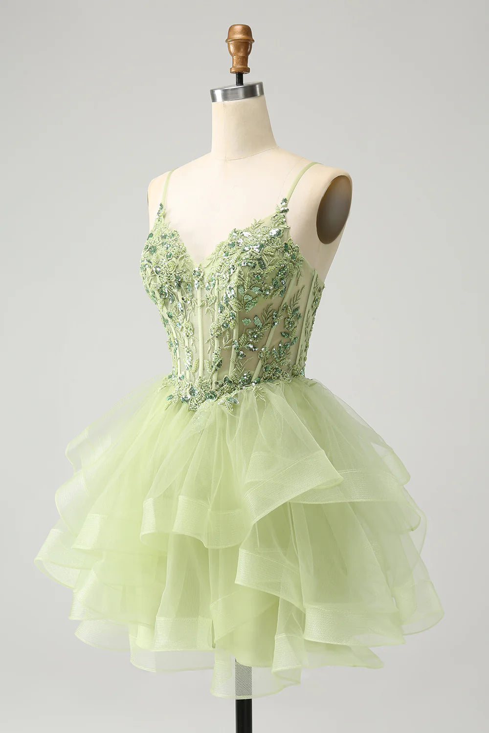 Light Green A Line Spaghetti Straps Corset Short Tiered Homecoming Dress