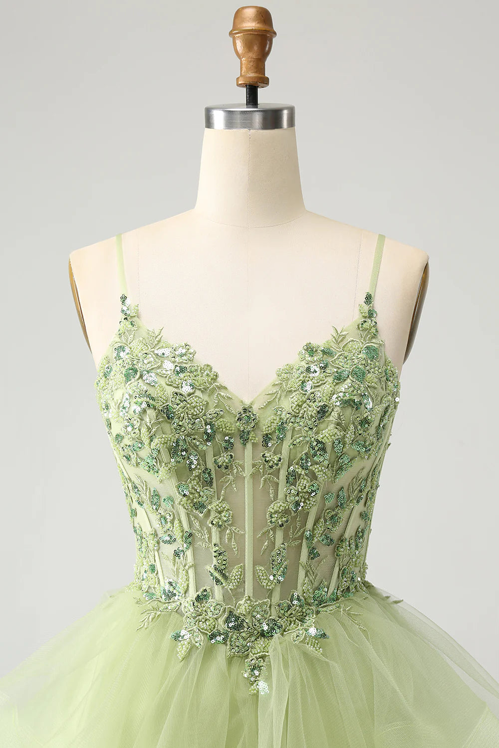 Light Green A Line Spaghetti Straps Corset Short Tiered Homecoming Dress