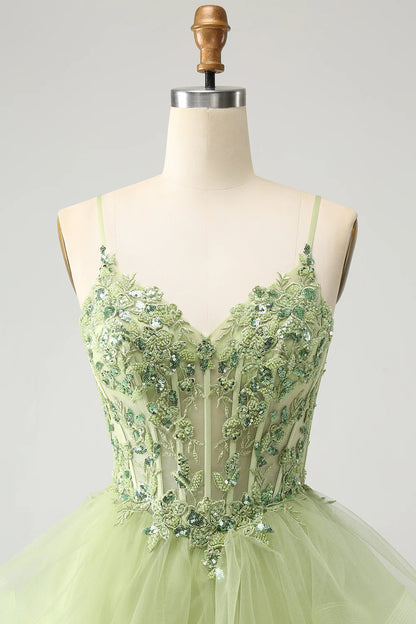 Light Green A Line Spaghetti Straps Corset Short Tiered Homecoming Dress