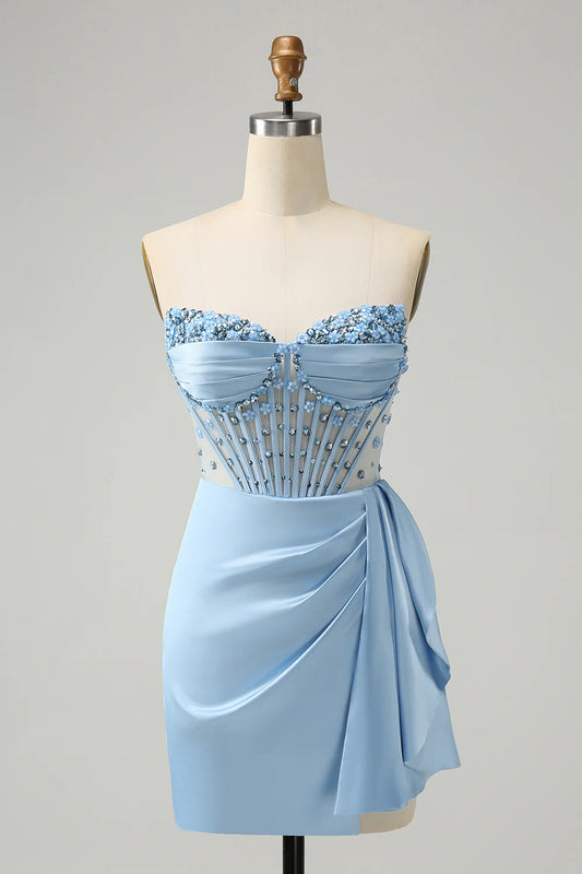Blue Bodycon Sweetheart Pleated Corset Short Homecoming Dress