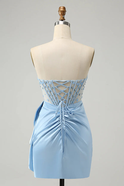 Blue Bodycon Sweetheart Pleated Corset Short Homecoming Dress