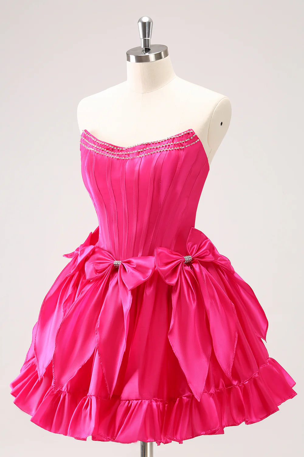 Fuchsia A Line Strapless Corset Ruffle Beaded Homecoming Dress
