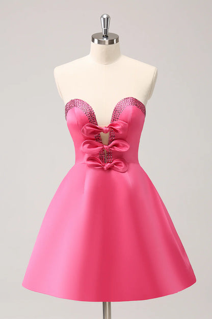 Hot Pink A Line Strapless Cut Out Homecoming Dress