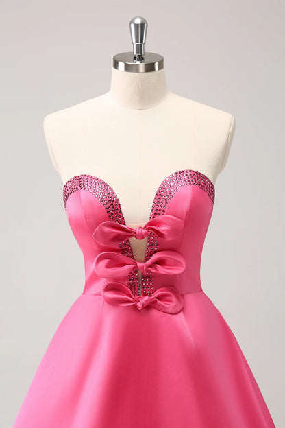 Hot Pink A Line Strapless Cut Out Homecoming Dress