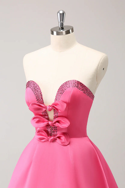 Hot Pink A Line Strapless Cut Out Homecoming Dress