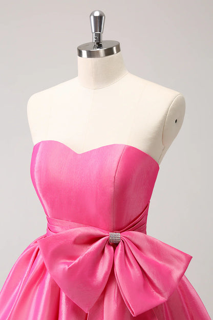 Hot Pink A Line Strapless Pleated Short Homecoming Dress