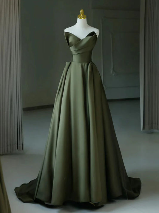 A-Line V Neck Satin Green Long Evening Dress Green Long Formal Dress ﻿