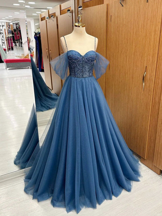 A-Line Sweetheart Neck Beading Tulle Blue Long Prom Dress Blue Formal Dress
