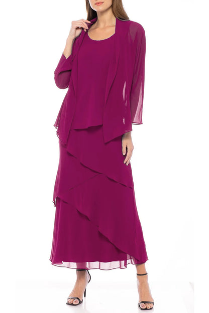 Embellished Scoop Neck Sleeveless Tiered Solid Chiffon Mother of the Bride Dress With Matching Long Sleeve Jacket