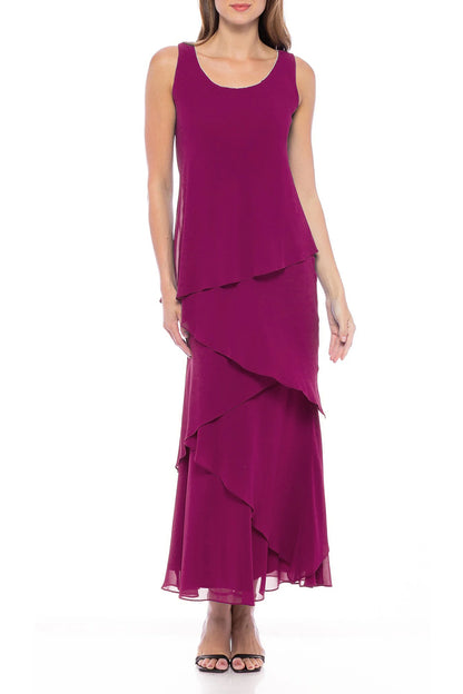 Embellished Scoop Neck Sleeveless Tiered Solid Chiffon Mother of the Bride Dress With Matching Long Sleeve Jacket