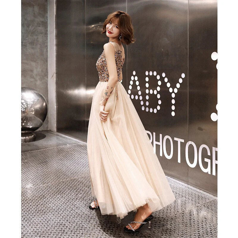 Elegant and dreamy beaded tight ball dress with A-line sheer deep V-neck