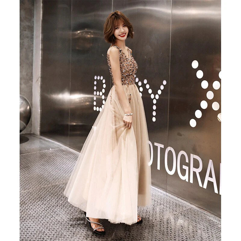 Elegant and dreamy beaded tight ball dress with A-line sheer deep V-neck