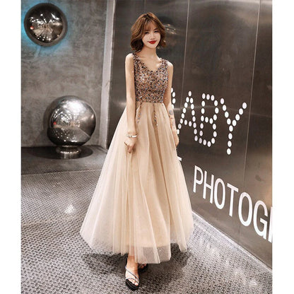 Elegant and dreamy beaded tight ball dress with A-line sheer deep V-neck
