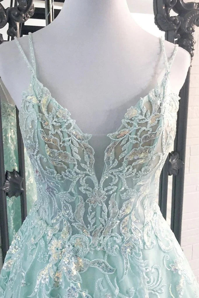 Fantasy Blue sheer V-neck backless A-line ball dress