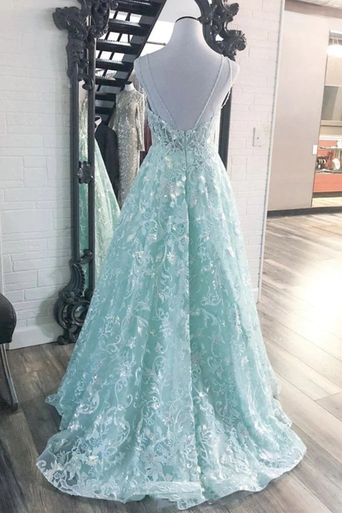 Fantasy Blue sheer V-neck backless A-line ball dress