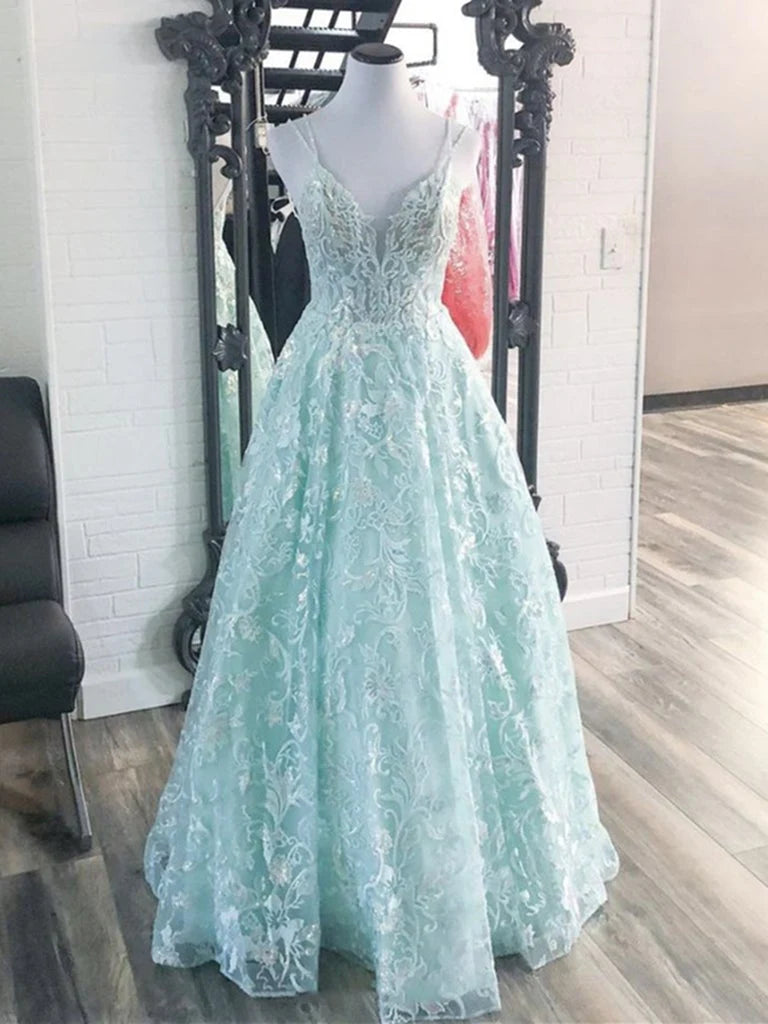 Fantasy Blue sheer V-neck backless A-line ball dress