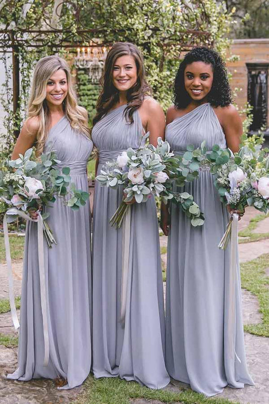 Fashionable Chiffon One Shoulder A-line Open Front Lavender Floor to Floor Wedding Bridesmaid Dress