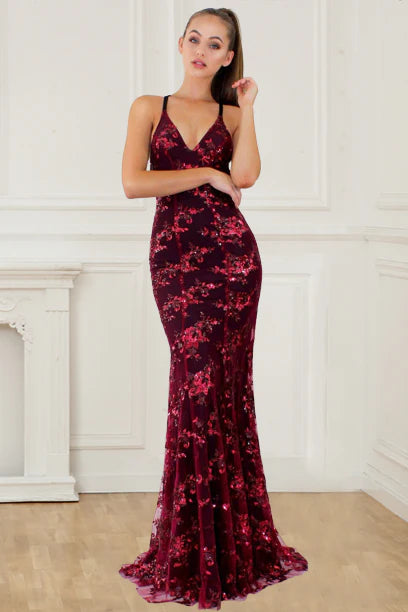 Wine red sequin backless deep V-neck formal dress