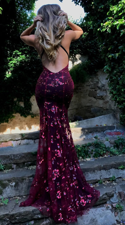 Wine red sequin backless deep V-neck formal dress