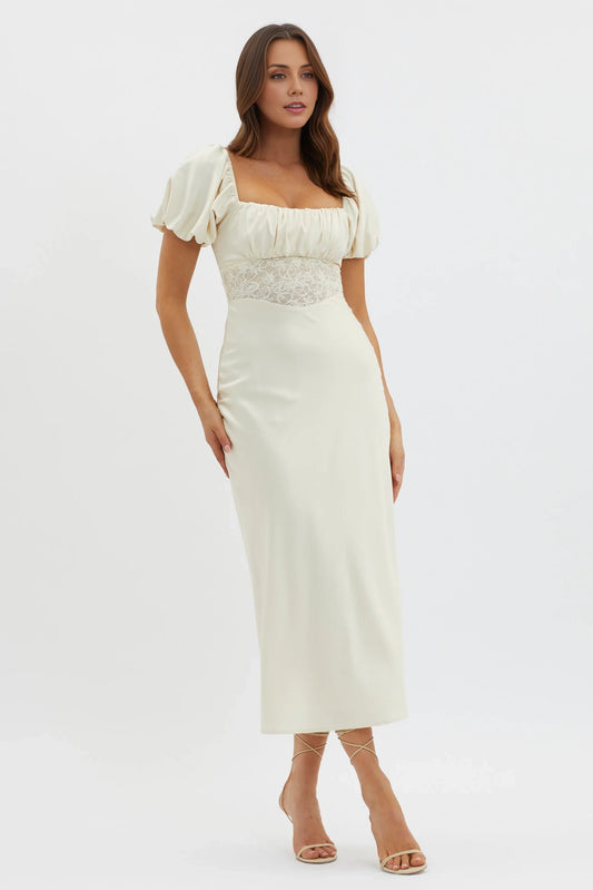 Fashionable fully lined bubble sleeve lace waist and back with zipper bridesmaid dress